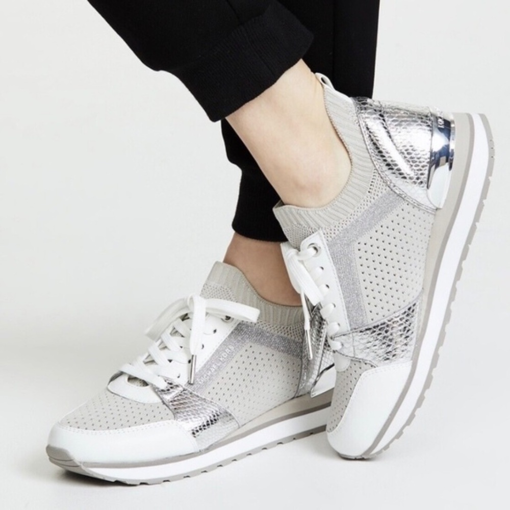 Michael Kors Billie Knit Trainers‎ Fabric Leather White & Silver Metallic Size 7